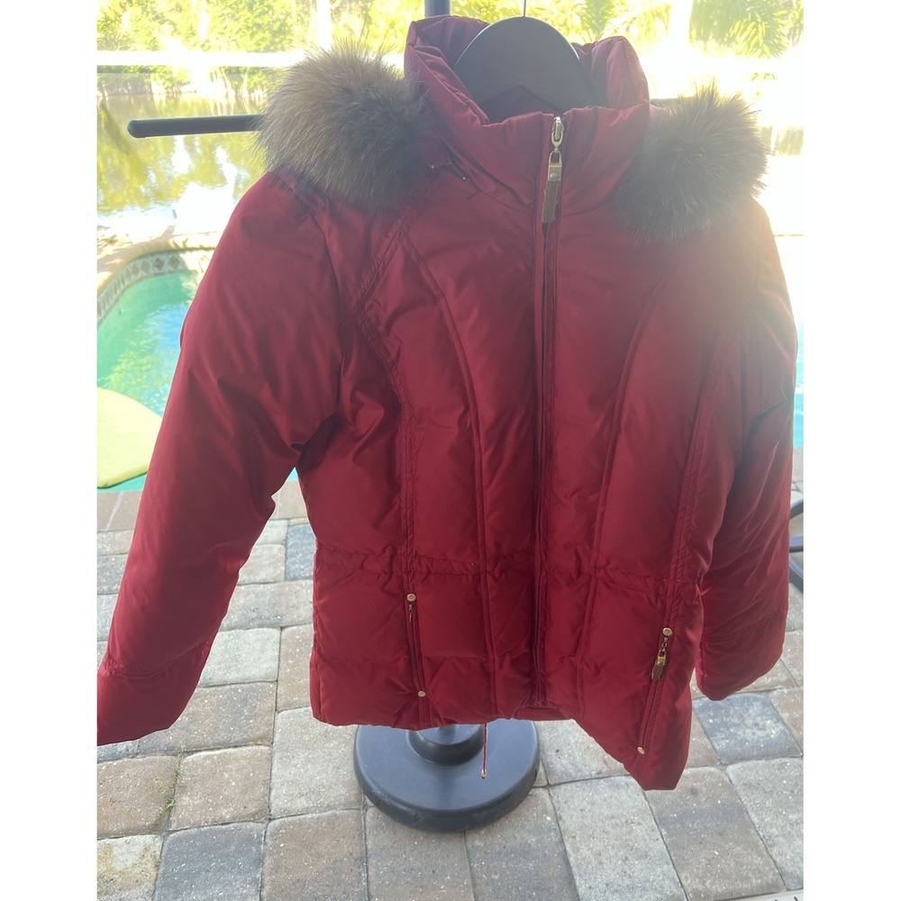 Ellen Tracy Down Jacket P Small Blue Fox Fur Hood‎ Quiet Luxury Coat Statement